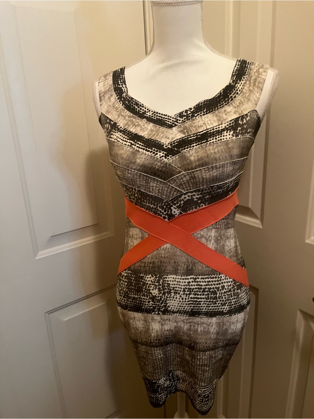 bebe Brown Patterned Mini Dress with Coral Crisscross Bands